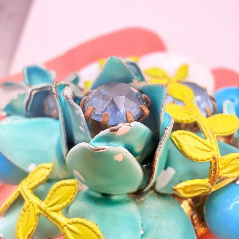 Vintage Enamel Flower Cluster Brooch Turquoise Blue Rhinestone MOP Pin